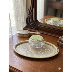 Vintage Art Deco Green Bakelite & Lace Vanity Tray Set